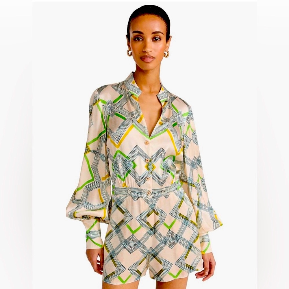 Alexis Ramsey Puff Sleeve Romper – Linear Cream Geometric Print – XS NWT